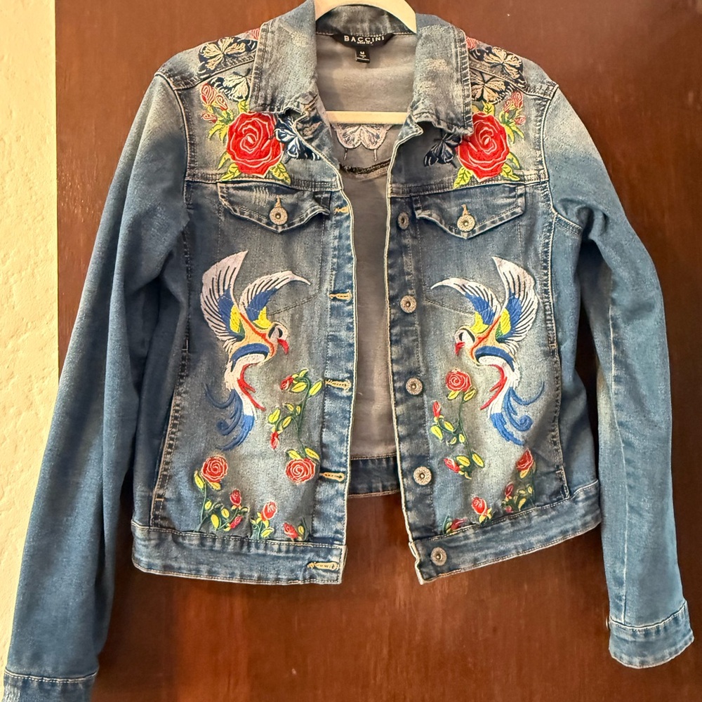 Baccini Blue Denim Jacket with Red Rose & Multicolor Bird Embroidery